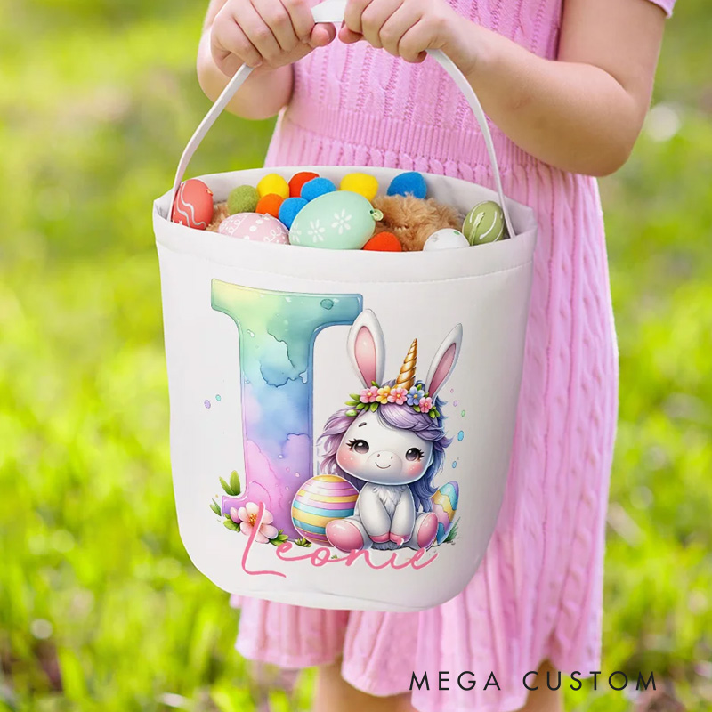 Personalized Cute Fantasy Rainbow Horse Dinosaur Canvas Easter Basket with Initial and Name Party Favor Eggs Hunting Easter Gift for Kids
