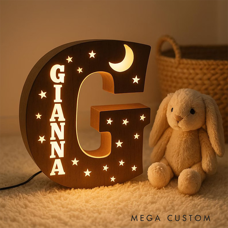 Personalized Letter Theme Custom Name Soft Yellow Glow Decorative Initial Shape Wooden Night Light