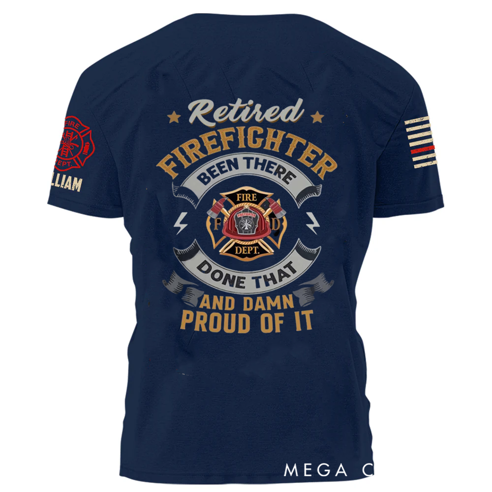 Personalized Retired Firefighter T-Shirt with Custom Name and Badge Design Proud Retirement Gift