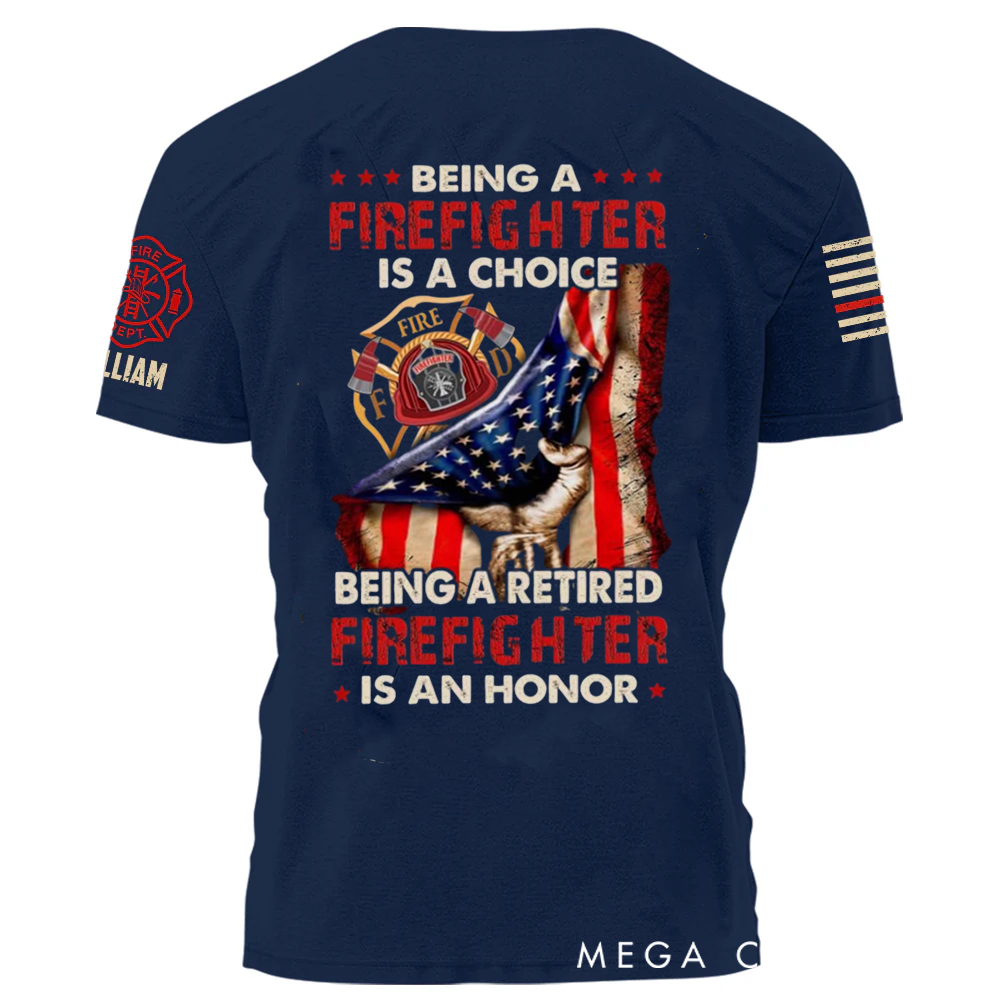Personalized Retired Firefighter T-Shirt with American Flag and Custom Name Honorable Retirement Gift