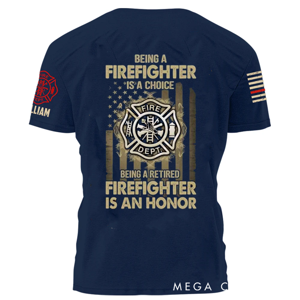 Personalized Firefighter T-Shirt with Fire Dept Emblem and Custom Name - Honoring Service and Retirement