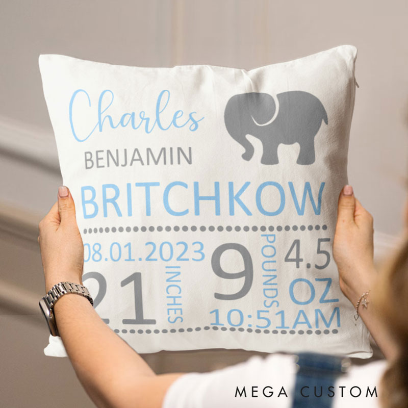 Personalized Elephant Birth Stats Throw Pillows Featuring Baby's Name And Key Details Throw Pillows