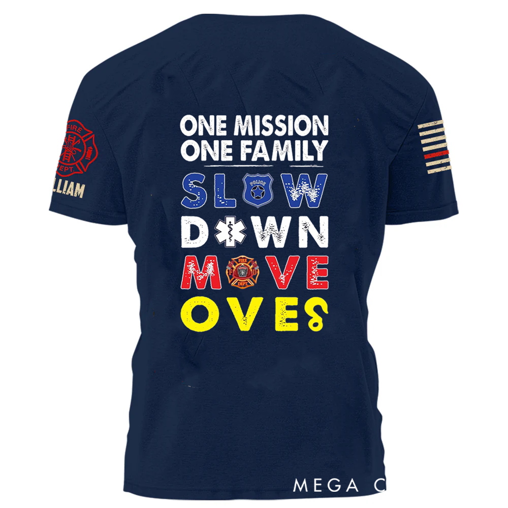 Personalized Firefighter T-Shirt with One Mission, One Family Design and Custom Name Promote Safety and Unity