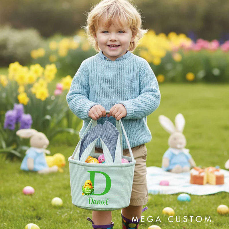 Personalized Multi-Color Cute Animal Bunny Ears Easter Basket with Name and Initial Daily Use Holiday Party Easter Gift for Children