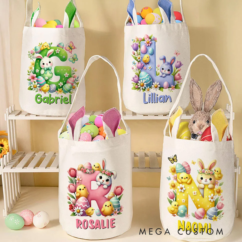 Personalized Cartoon Easter Bunny Ears Large Capacity Basket with Name and Initial Easter Eggs Hunting Party Easter Gift for Kids