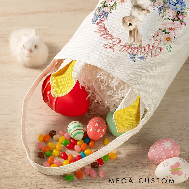 Personalized Wreath Cartoon Rabbit Easter Basket with Name and Bunny Ears Egg Hunting Accessory Easter Gift for Kids