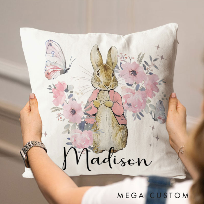 Personalized Bunny And Floral Throw Pillows Highlighting Charming Bunny Illustrations Throw Pillows
