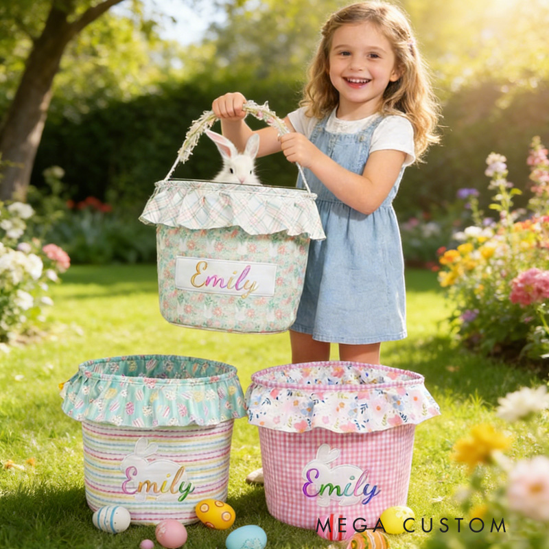 Personalized Unique Custom Name Adorable Rabbit Surrounded by Flowers Kids Holiday Treat Holder Easter Basket