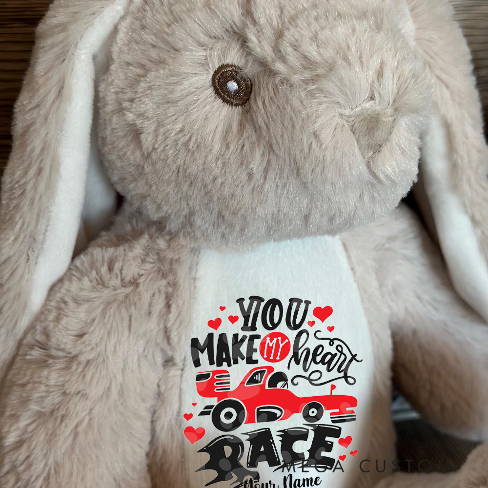 Personalized Racing Bunny Plush Custom Gift for Easter Valentine’s Day and Car Enthusiasts