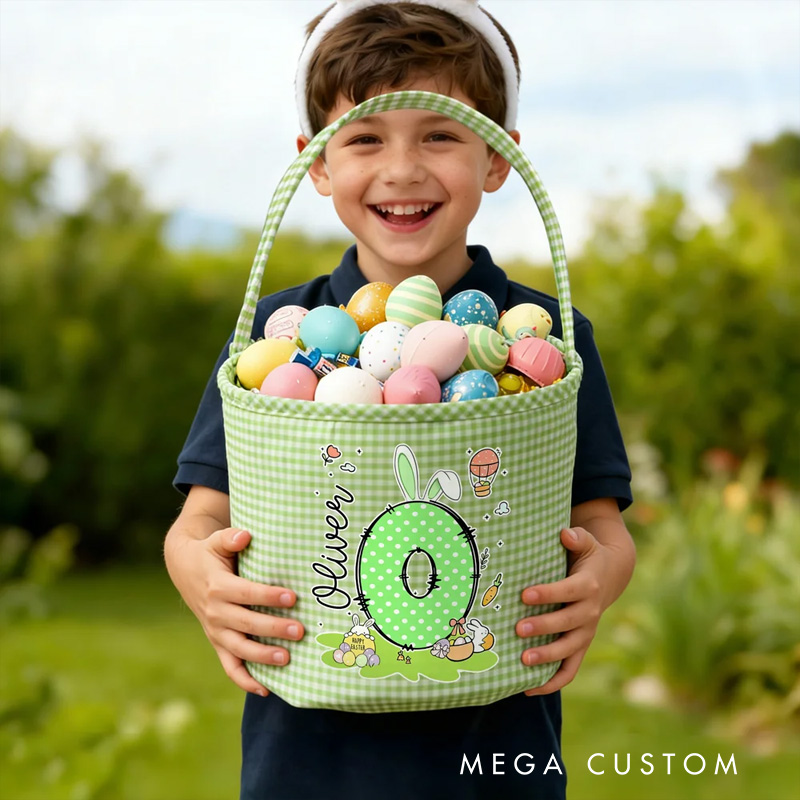 Personalized Cute Bunny Initial Flower Plaid Easter Basket with Name Easter Egg Hunt Easter Gift for Boys Girls