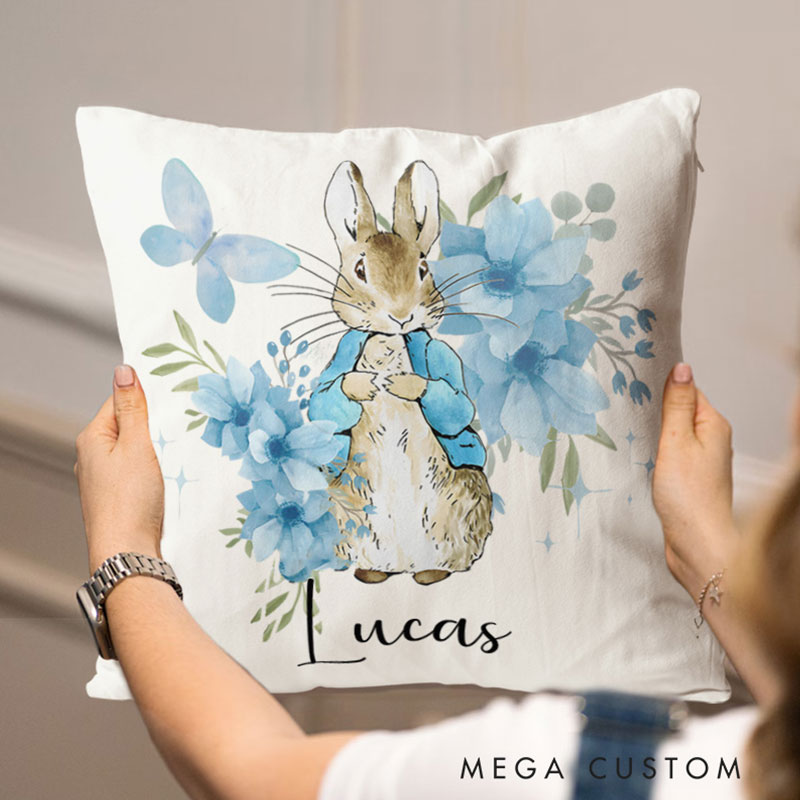 Personalized Floral Bunny Throw Pillows Featuring Adorable Bunny With Elegant Flowers Throw Pillows
