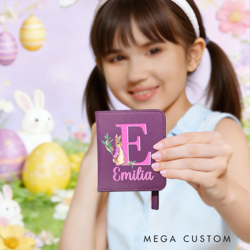 Personalized Cute Rabbit Initial PU Leather Bifold Pocket Wallet with Multiple Card Slots with Name Easter Gift for Girls