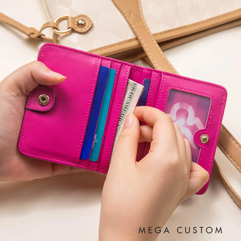 Personalized Shadow Name Leather Compact Bifold Pocket Wallet with Name Birthday Anniversary Gift for Women Girls