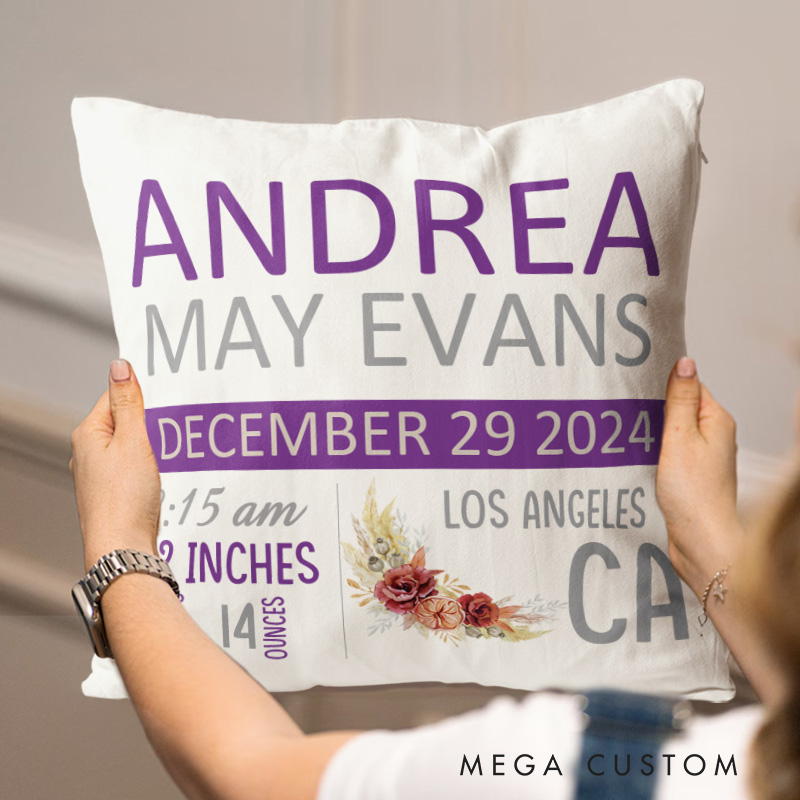 Personalized Birth Stats Throw Pillows Highlighting Baby's Name Date And Measurements Throw Pillows