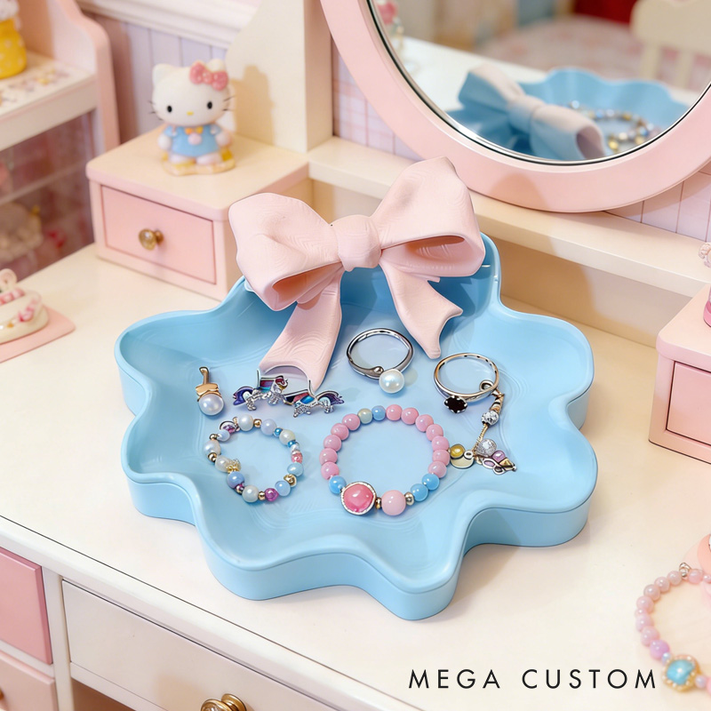 Pink Bow Shaped 3D Printed Jewelry Organizer Trinket Storage Tray Gift for Kids
