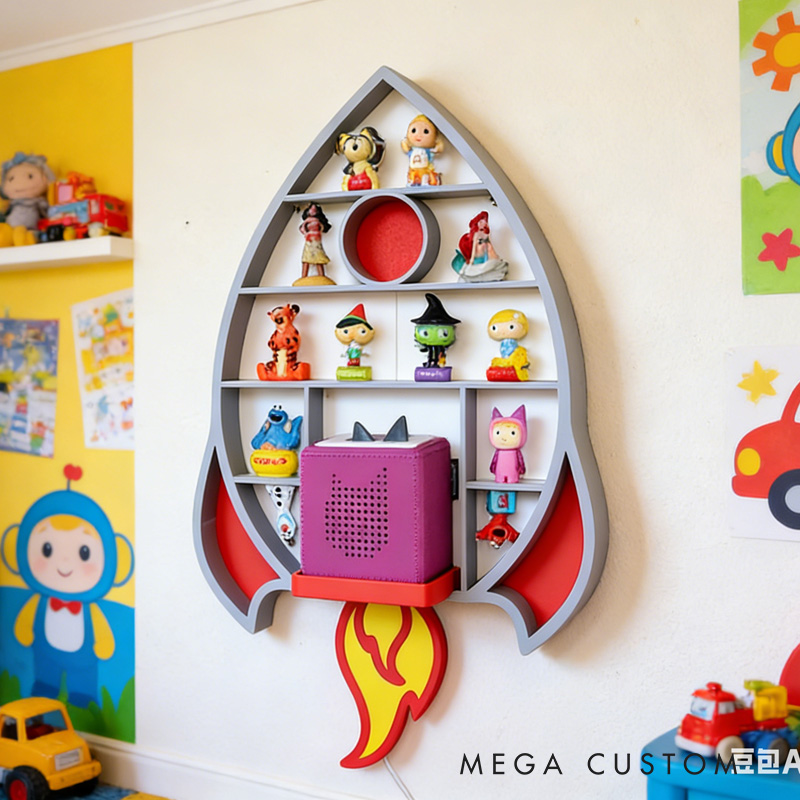 Rocket Shaped Wall Shelf Creative 3D Printed Kids Room Organizer Perfect for Displaying Toys, Figurines, and Space Themed Nursery Decor