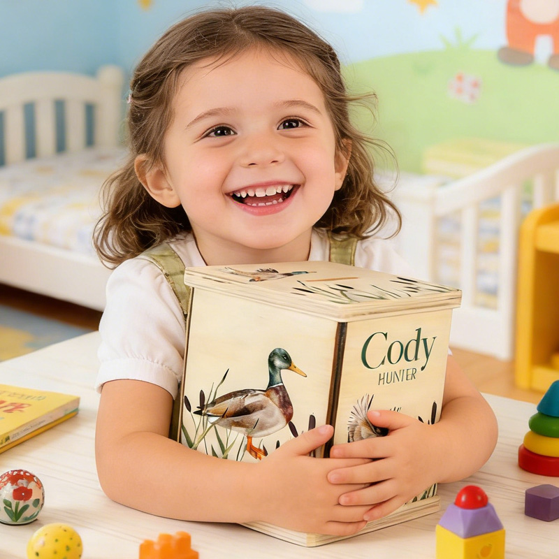Personalized Woodland Duck Theme Name Wooden Money Box Nature Nursery Gift Keepsake for Kids Piggy Bank