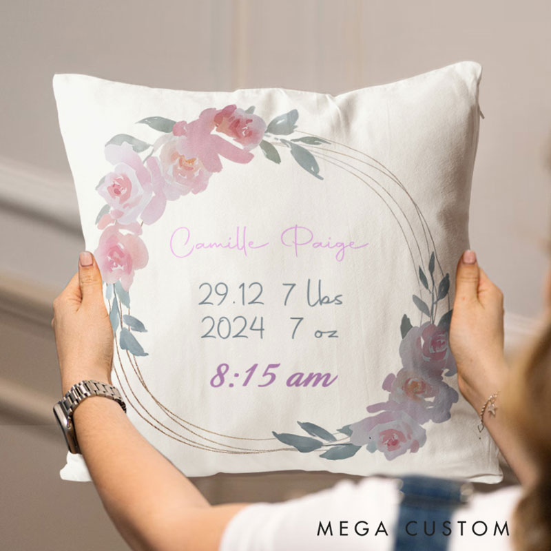 Personalized Floral Wreath Birth Stats Throw Pillows Featuring Baby's Details And Soft Flowers Throw Pillows