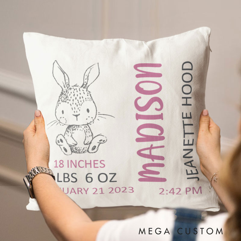 Personalized Bunny Birth Stats Throw Pillows Featuring Baby's Name And Weight Details Throw Pillows