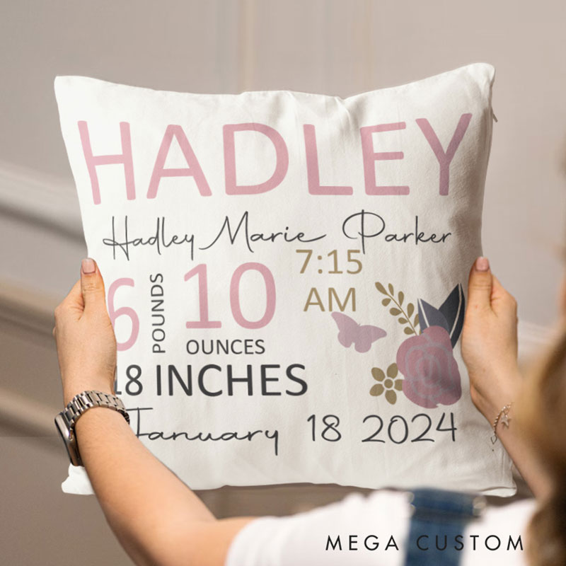 Personalized Floral Birth Stats Throw Pillows Highlighting Baby's Name And Measurements Throw Pillows