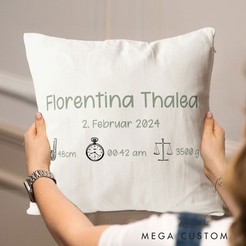 Personalized Minimalist Birth Stats Throw Pillows Highlighting Baby's Key Details And Date Throw Pillows