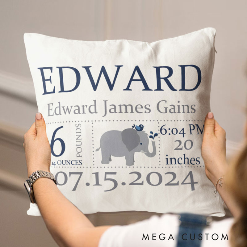 Personalized Elephant Birth Stats Throw Pillows Featuring Baby's Name And Key Measurements Throw Pillows