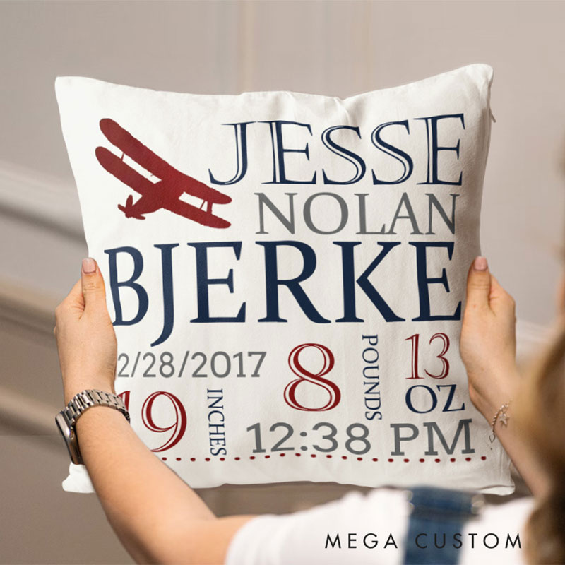 Personalized Airplane Birth Stats Throw Pillows Featuring Baby's Name And Flight-Inspired Details Throw Pillows