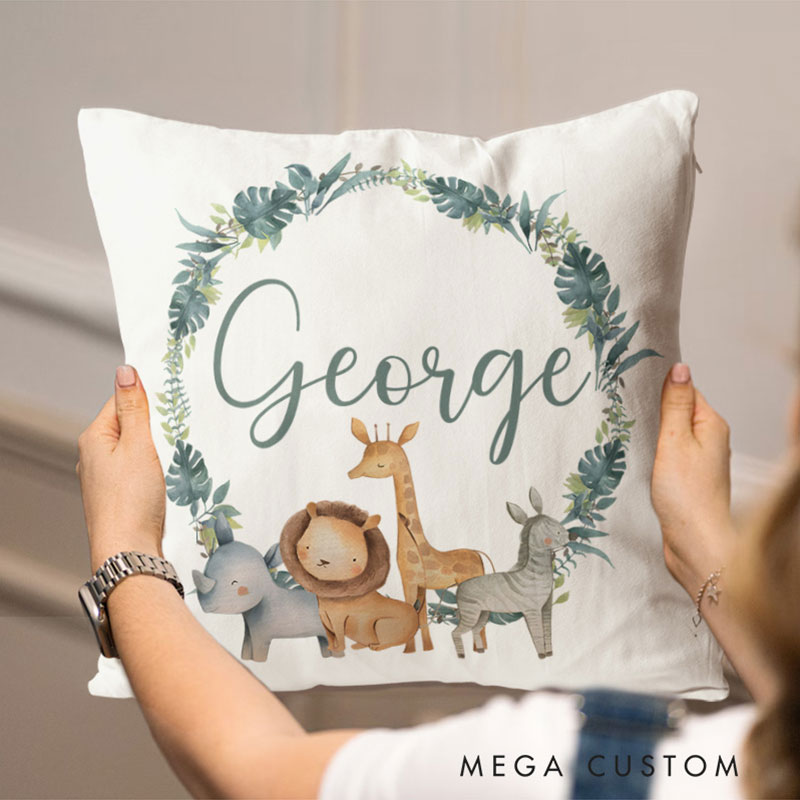 Personalized Safari Animal Wreath Throw Pillows Highlighting Baby's Name And Playful Animals Throw Pillows