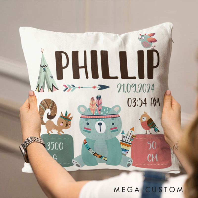 Personalized Woodland Animal Birth Stats Throw Pillows Featuring Baby's Name And Details Throw Pillows