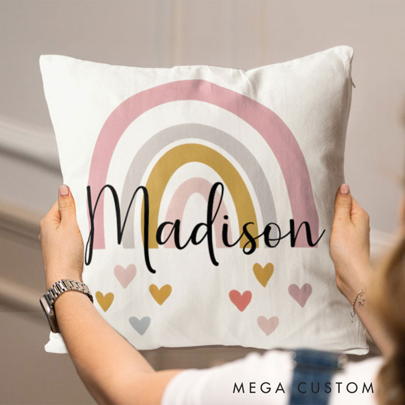 Personalized Heart Rainbow Throw Pillows Featuring Soft Colors And Playful Accents Throw Pillows