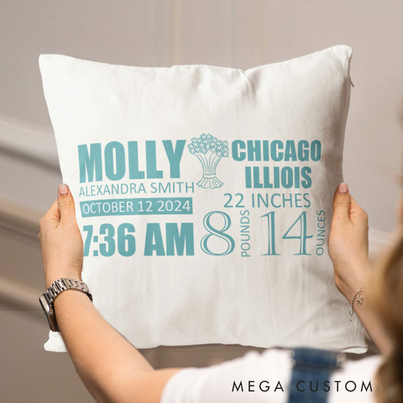 Personalized Birth Stats Throw Pillows Featuring Baby's Name And Key Details In Style Throw Pillows