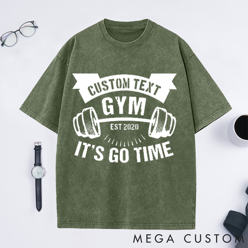 Personalized Gym Washed T-Shirts with Personalized Text and Dumbbell Design for Fitness Enthusiasts Bodybuilders and Gym Lovers