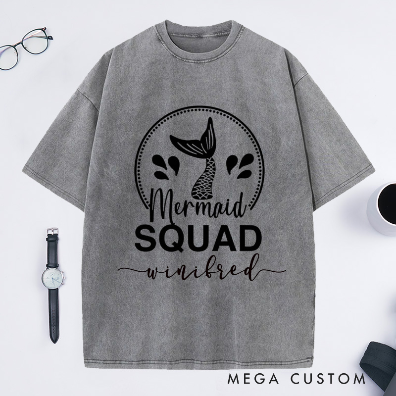 Personalized Mermaid Washed T-Shirts Funny Mermaid Tee Trendy Shirt Customized Name Shirt Gift For Ocean Enthusiasts