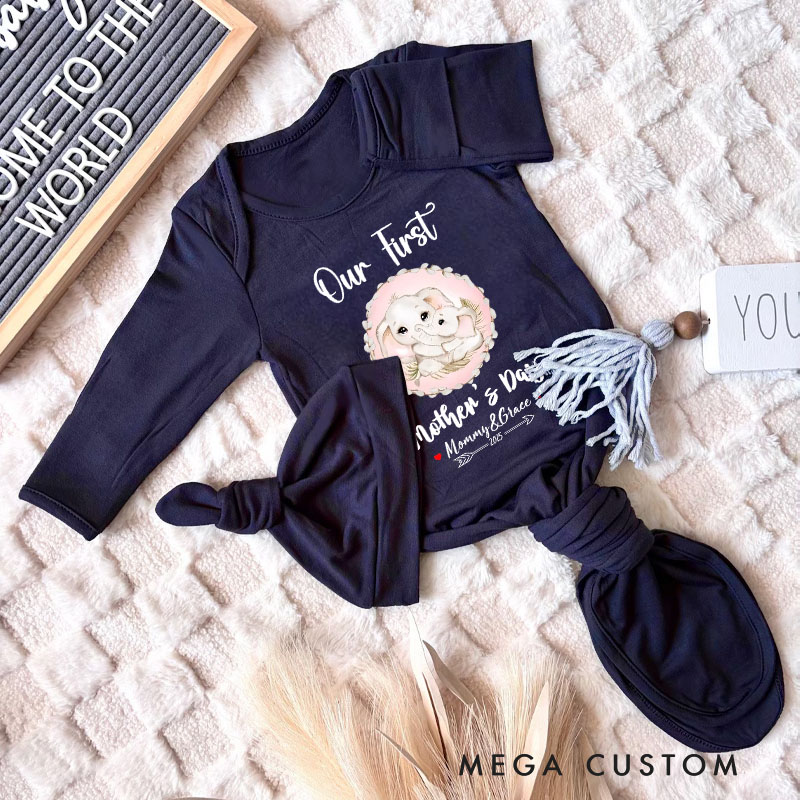 Personalized Adorable Elephant T-Shirt and Baby Onesie Matching Outfit Set Our First Mother's Day Gift for Newborn New Mom