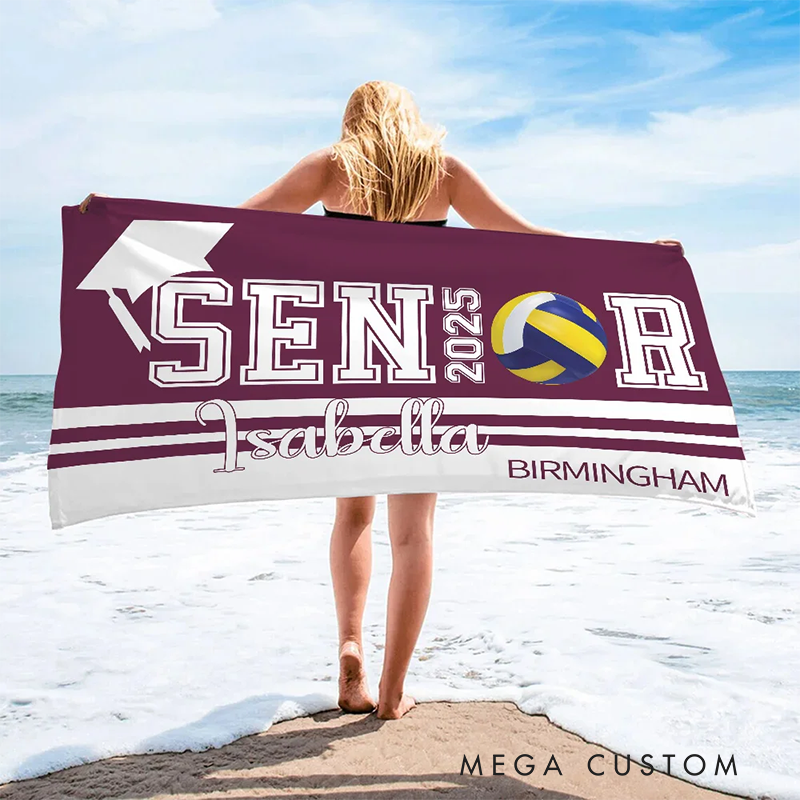 Personalized Senior Graduation Beach Towel with Custom Year Name Sports Theme and School Design
