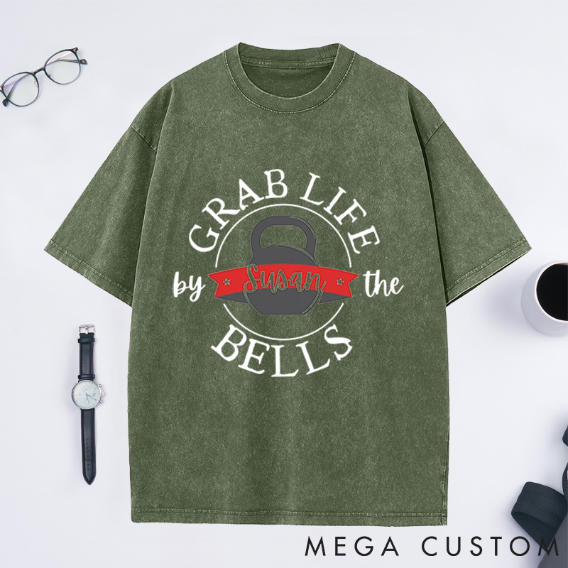 Personalized Kettlebell Washed T-Shirts with Motivational Grab Life by the Bells Design for Fitness Enthusiasts Bodybuilders and Gym Lovers