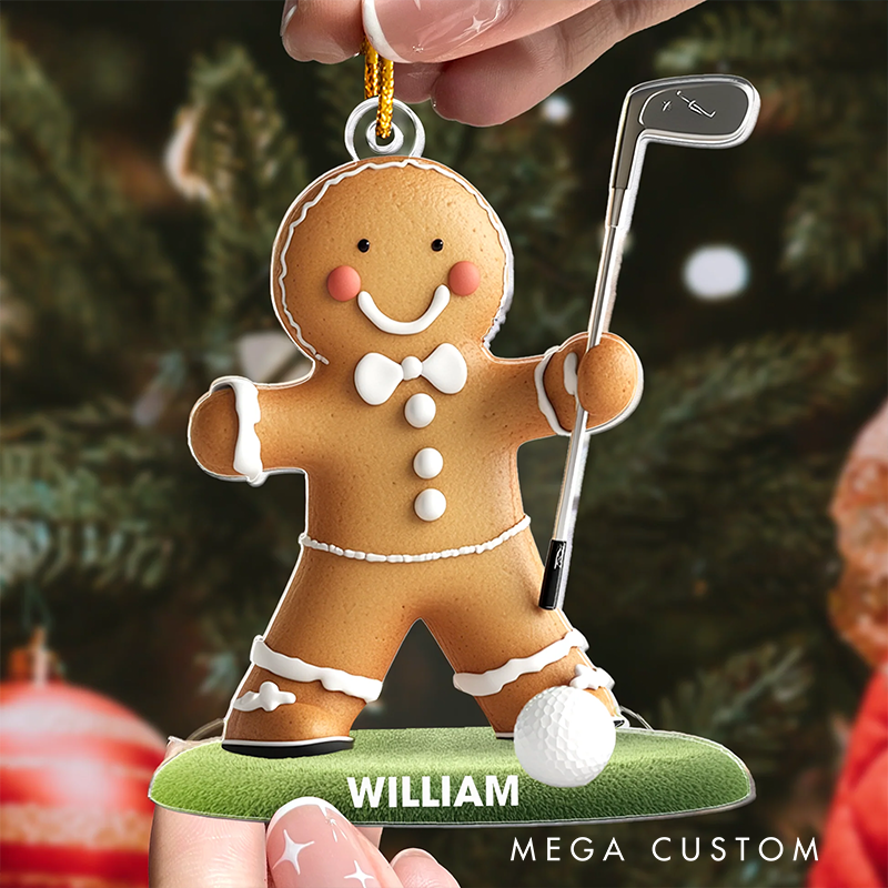 Personalized Gingerbread Golfer Christmas Ornament with Custom Name and Golf Themed Design