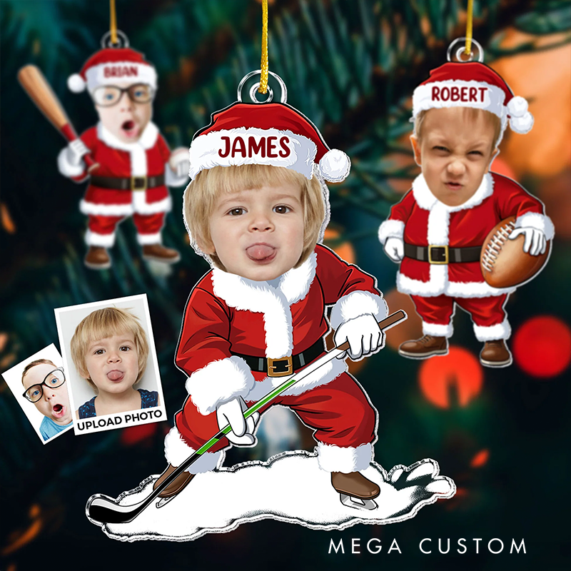 Personalized Santa Photo Ornaments with Custom Face Upload Name and Sports Themed Holiday Design
