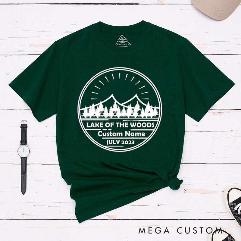 Personalized Lake of the Woods Nature-Inspired T Shirt with Custom Name Date for Outdoor Fishing Lover Great Gift for Dad Husband Grandpa Friends