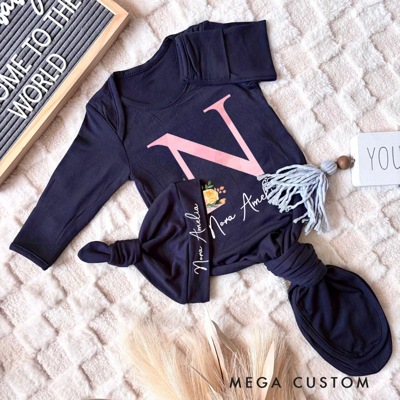 Personalized Soft Pink Floral Initial with Delicate Name Typography Baby Gowns