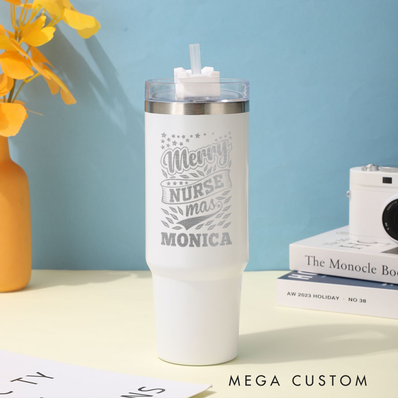 Personalized Tumbler Gift for Nurse Custom Merry Nurse-mas Design Tumbler Insulated Steel Laser Engraved Tumbler Gift