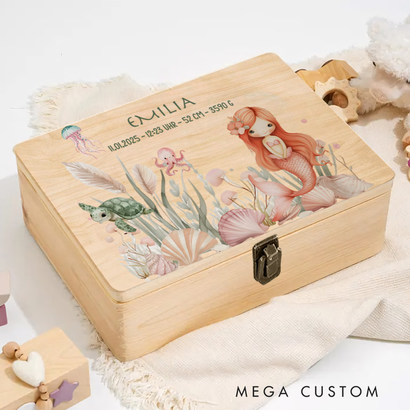 Personalized Red Haired Mermaid Illustration Surrounded by Vibrant Floral and Aquatic Elements Keepsake Memory Box