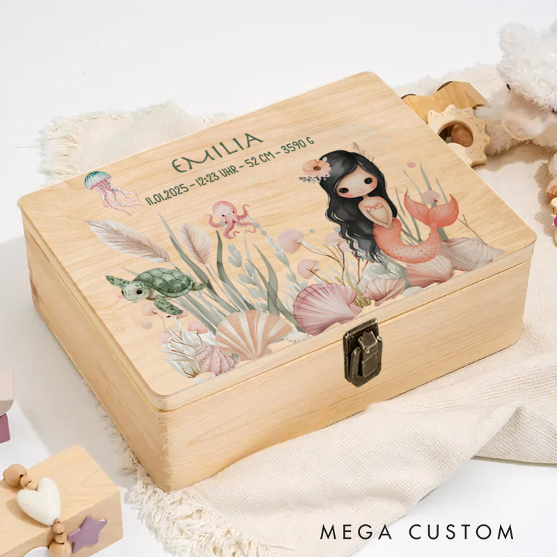 Personalized Black Haired Mermaid Illustration with Delicate Floral Accents and Whimsical Aquatic Details Keepsake Memory Box