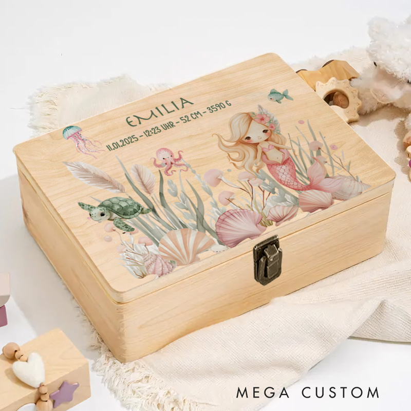 Personalized Blonde Mermaid Illustration Surrounded by Soft Floral and Aquatic Elements Creating a Magical Scene Keepsake Memory Box