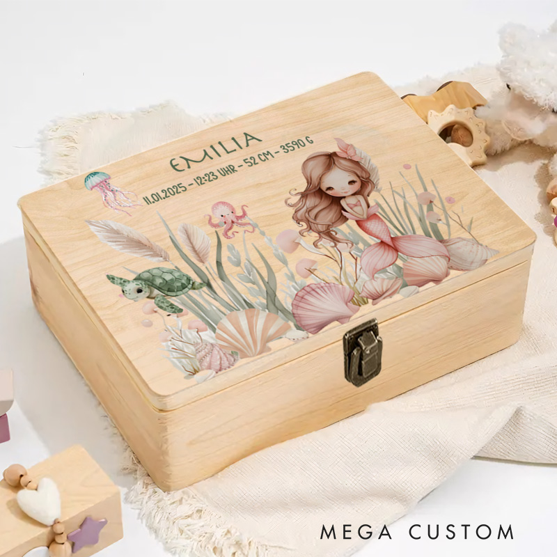Personalized Light Haired Mermaid Illustration with Whimsical Floral Accents and Serene Aquatic Details Keepsake Memory Box