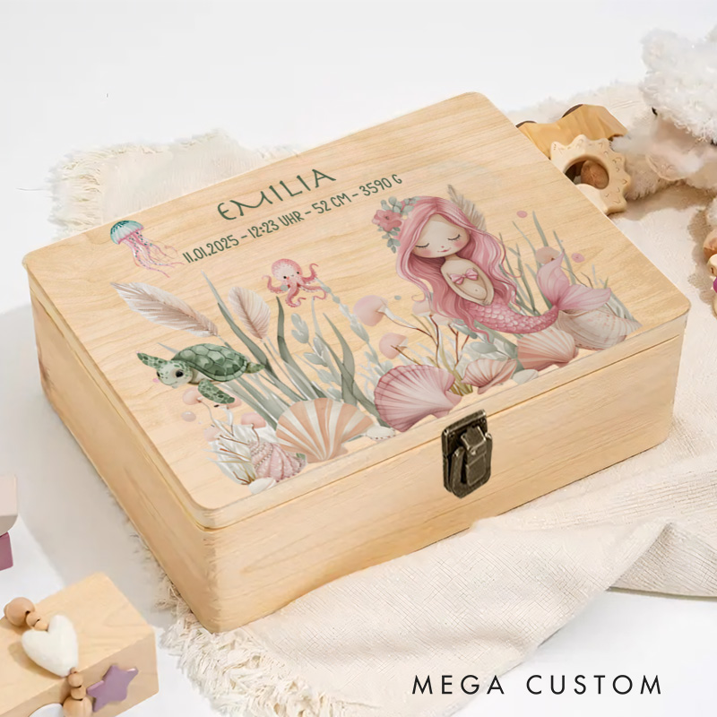 Personalized Pink Haired Mermaid Illustration Surrounded by Dreamy Floral and Aquatic Elements Keepsake Memory Box
