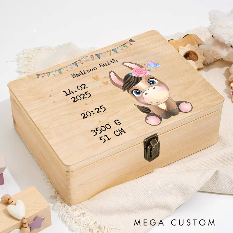 Personalized Unicorn Illustration with Baby Birth Announcement and Floral Accents for Special Memories Keepsake Memory Box