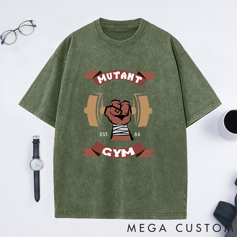 Personalized Mutant Gym Washed T-Shirts with Bold Fist and Barbell Design for Fitness Enthusiasts Bodybuilders and Gym Lovers