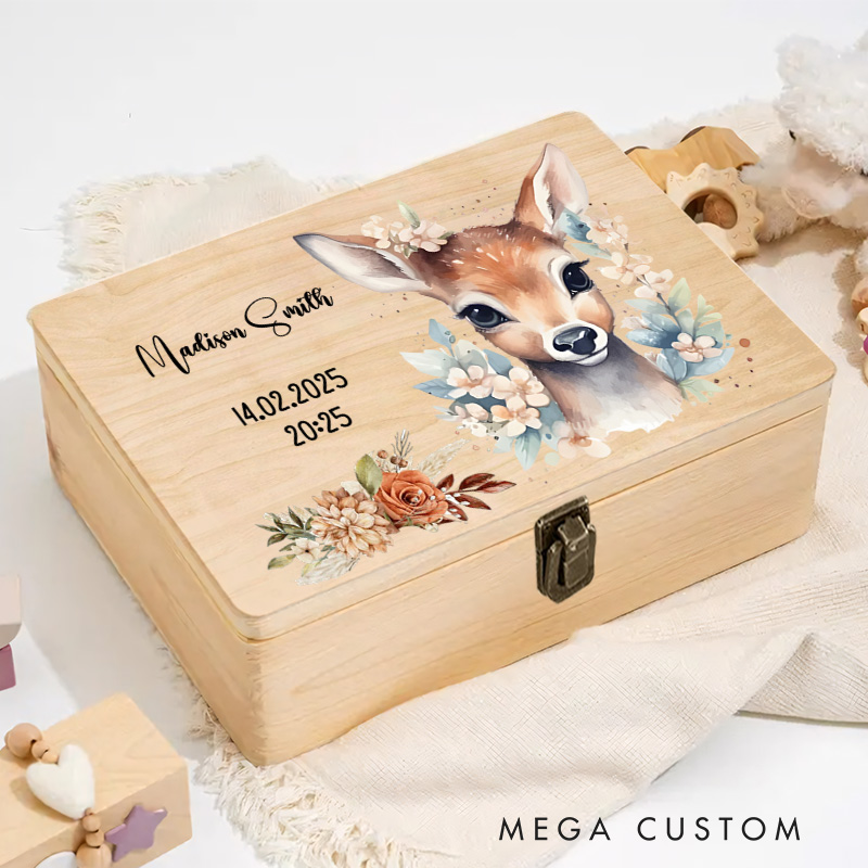 Personalized Baby Deer Illustration Surrounded by Delicate Floral Accents for Cherished Moments Keepsake Memory Box