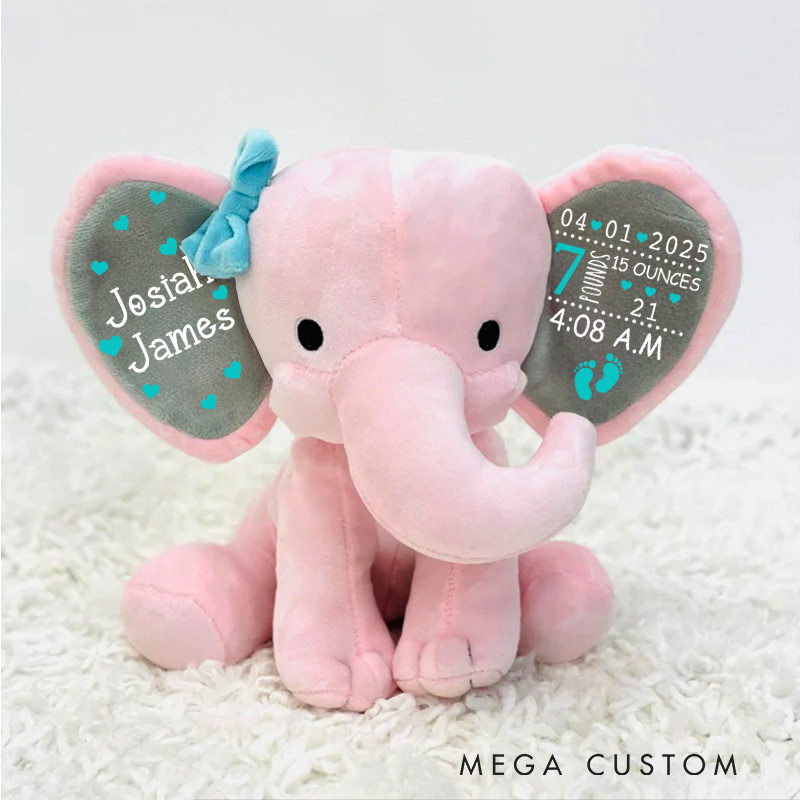 Personalized Baby Birth Stats with Hearts and Footprints for Cherished Memories Elephant Keepsake